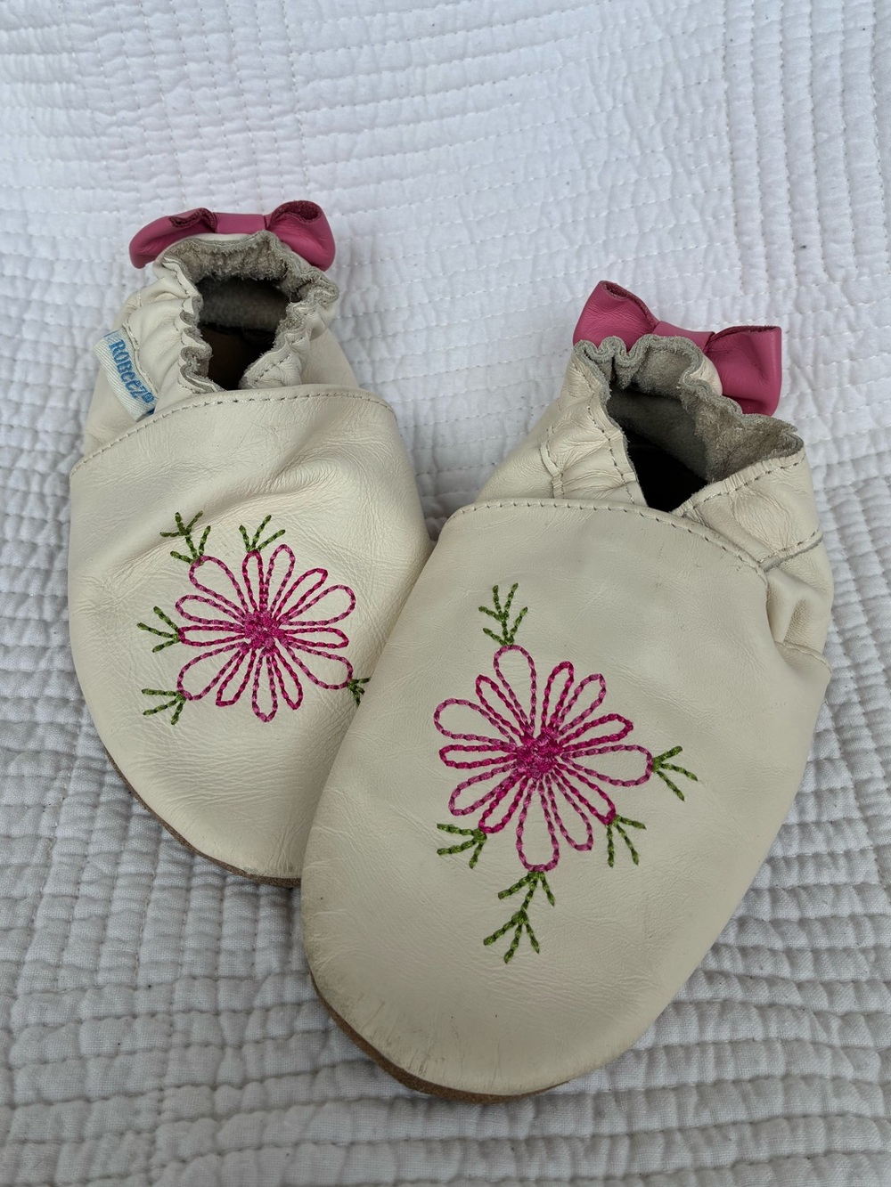 Robeez Floral Embroidered Ivory Baby Moccasins with Pink Accents
